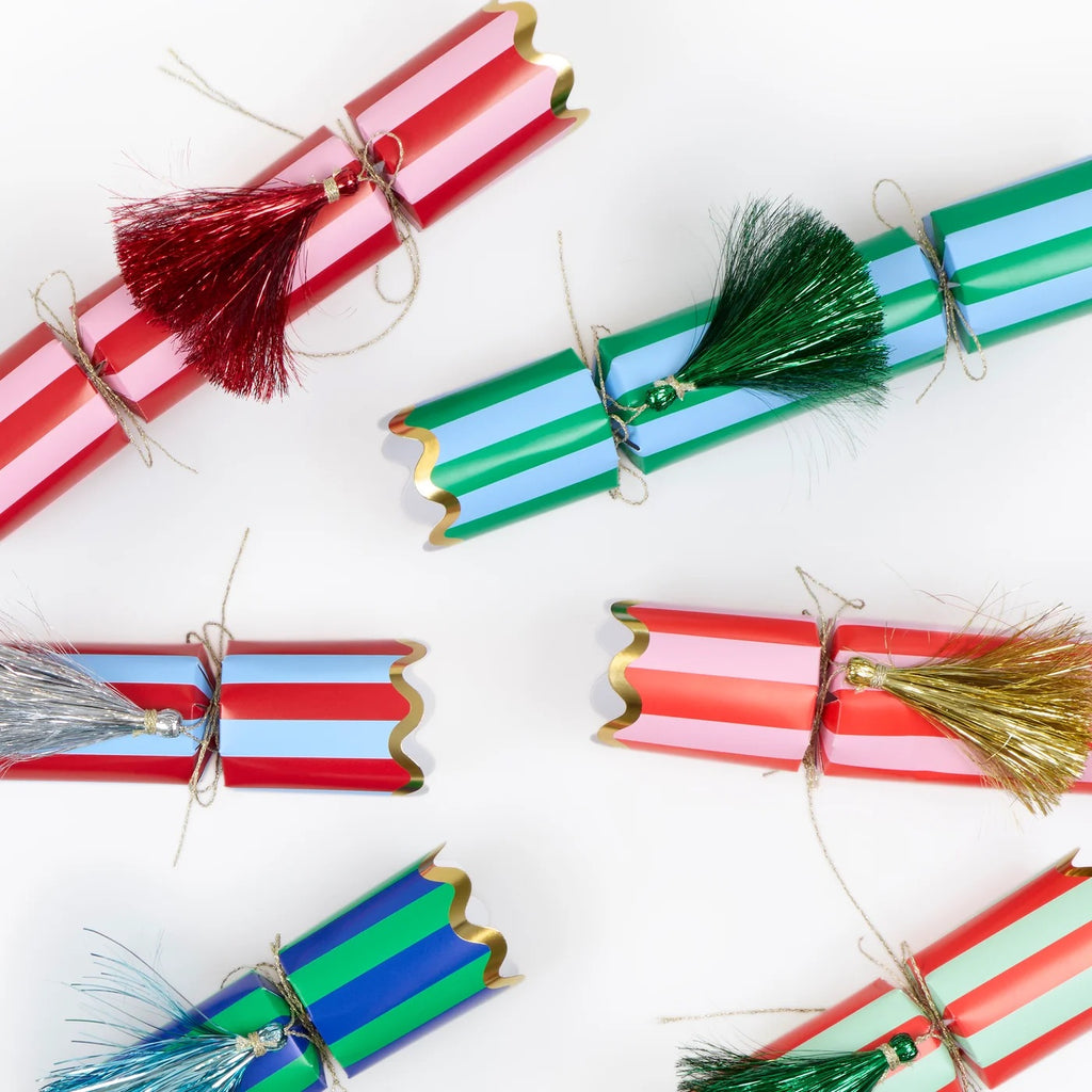 6 STRIPED TINSEL TASSEL CRACKERS