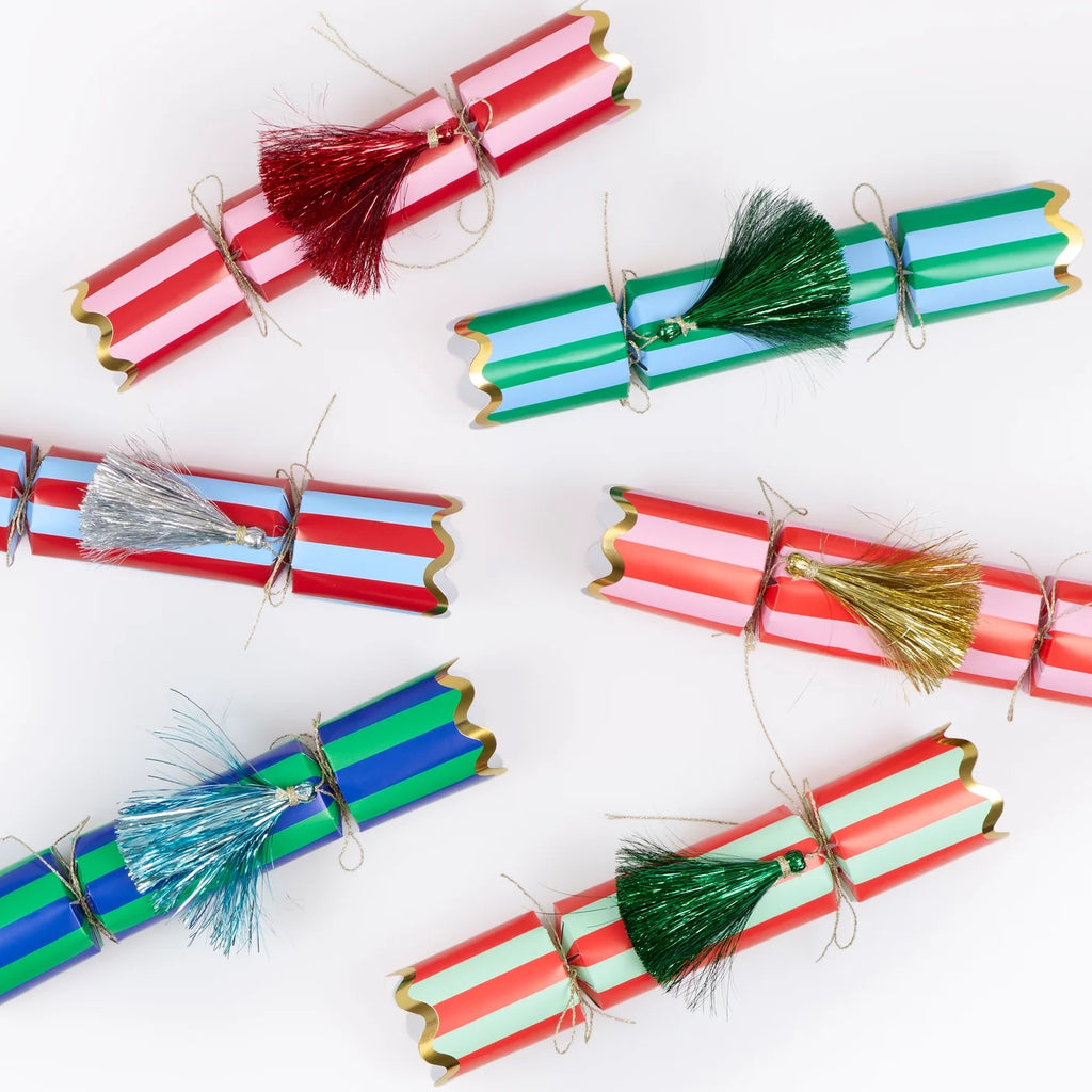 6 STRIPED TINSEL TASSEL CRACKERS