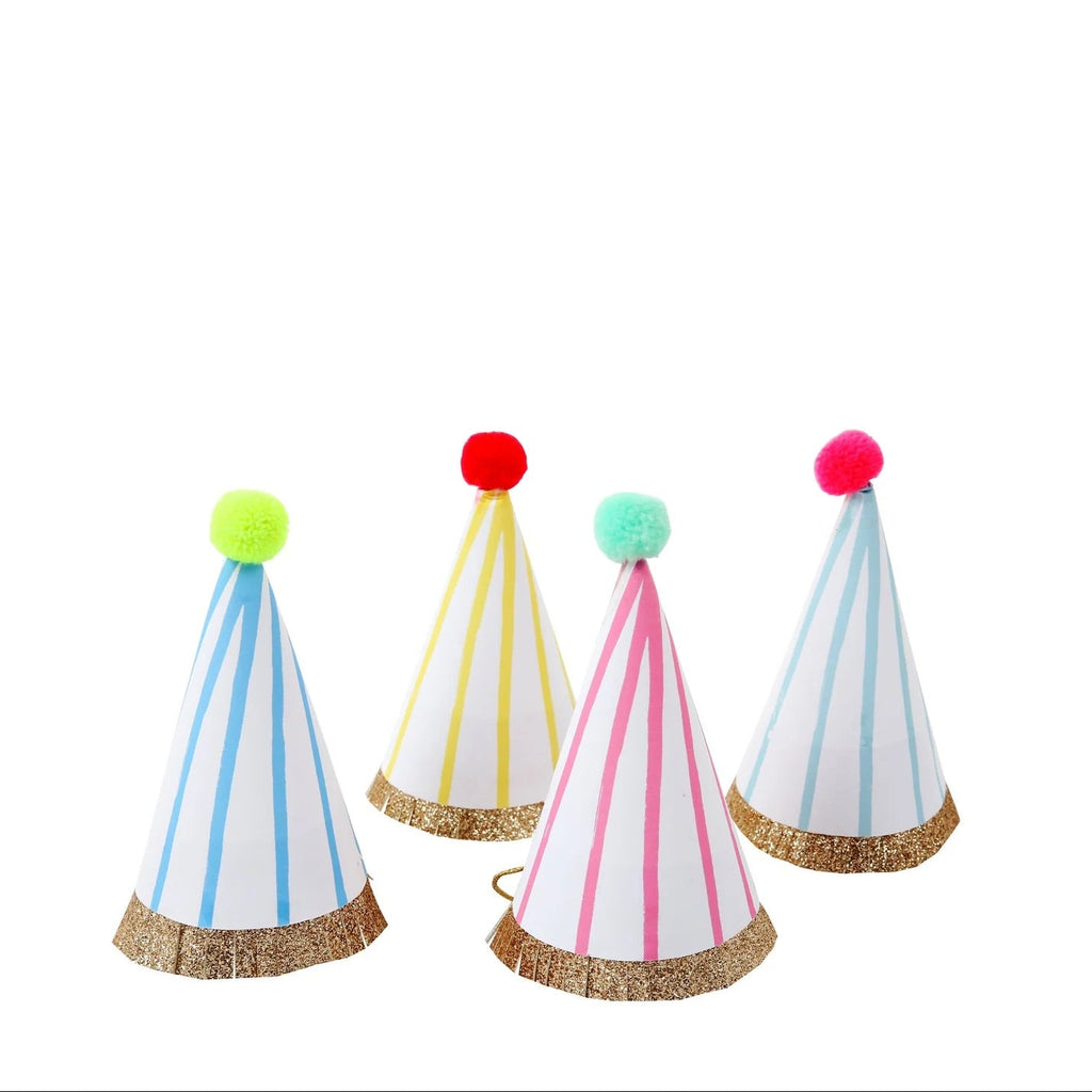 8 MINI STRIPE POM POM PARTY HATS