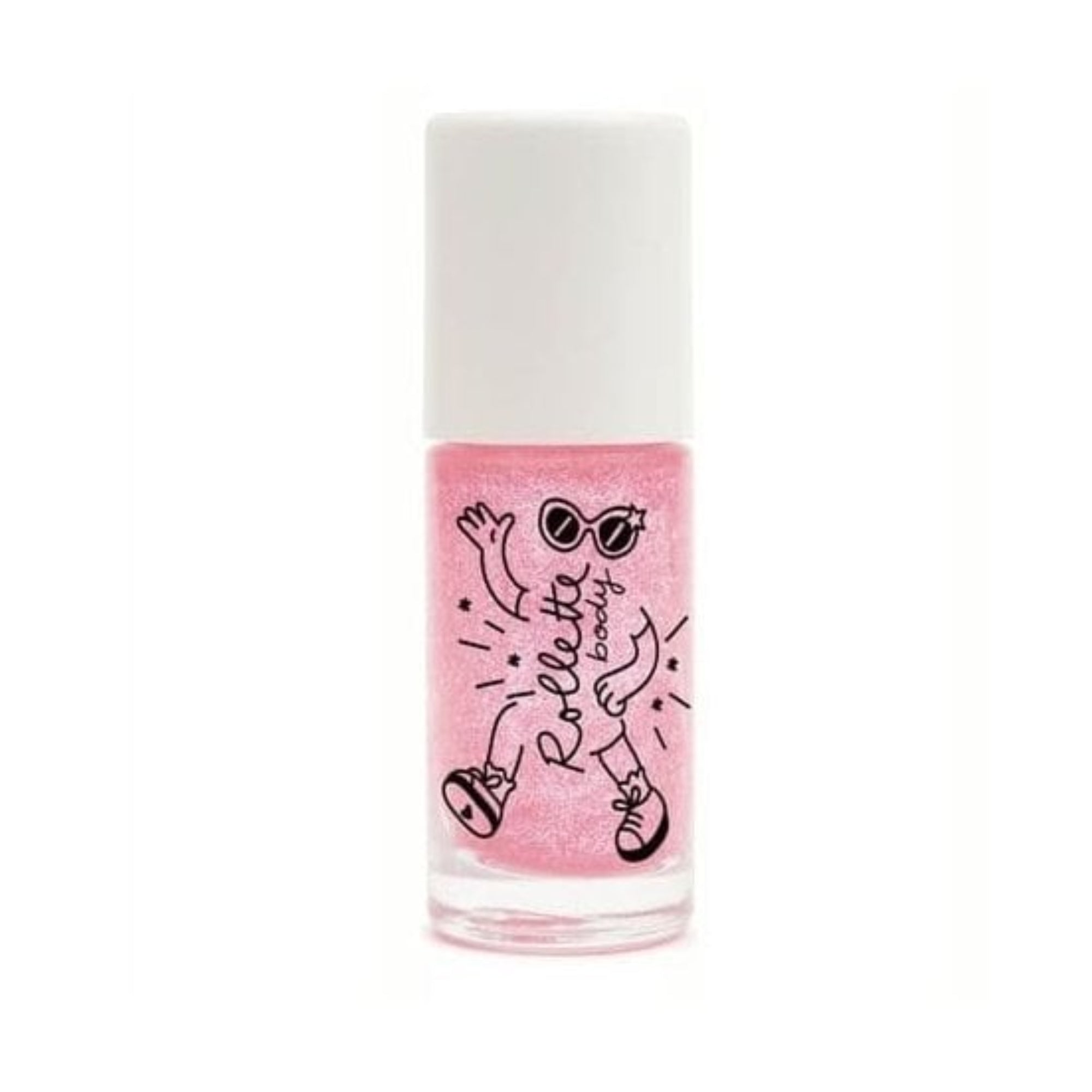 Pink nail polish bottle with black text and graphics on a white background
