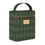 A dark green insulated lunch bag with a diamond argyle pattern, a top carry handle, and a tan brand patch on the front.