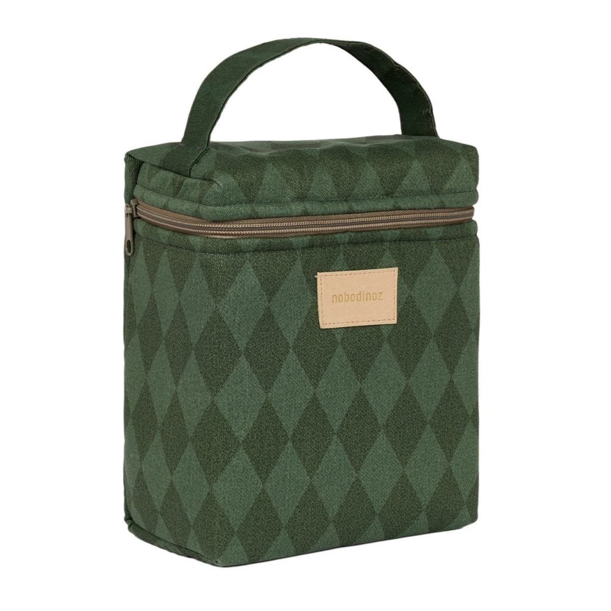 A dark green insulated lunch bag with a diamond argyle pattern, a top carry handle, and a tan brand patch on the front.
