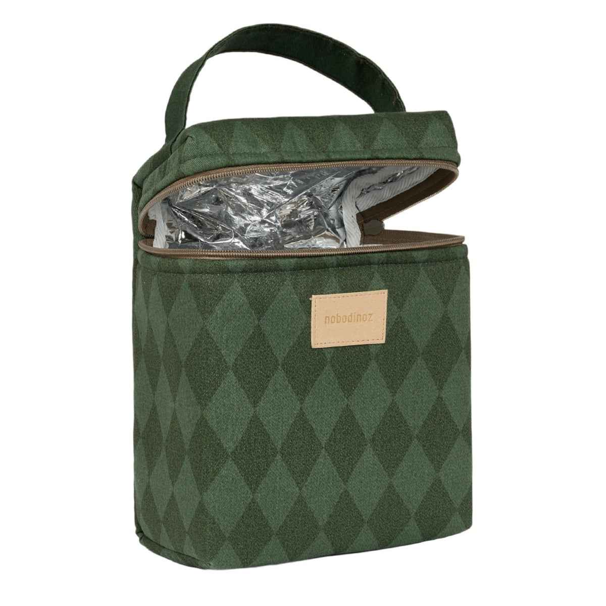 A green argyle patterned lunch bag with a top handle, shown open to reveal a silver foil-lined interior. A small tan leather brand patch on the front reads 'foodfizz'.