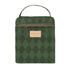 A dark green quilted lunch bag with an argyle pattern, featuring a top carry handle, a zippered closure, and a tan leather brand patch that reads 'nodlinger'.