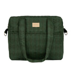A dark green pinstriped tote bag with dual top handles, side pockets with black zipper pulls, and a small tan leather brand patch on the front, shown against a plain white background.
