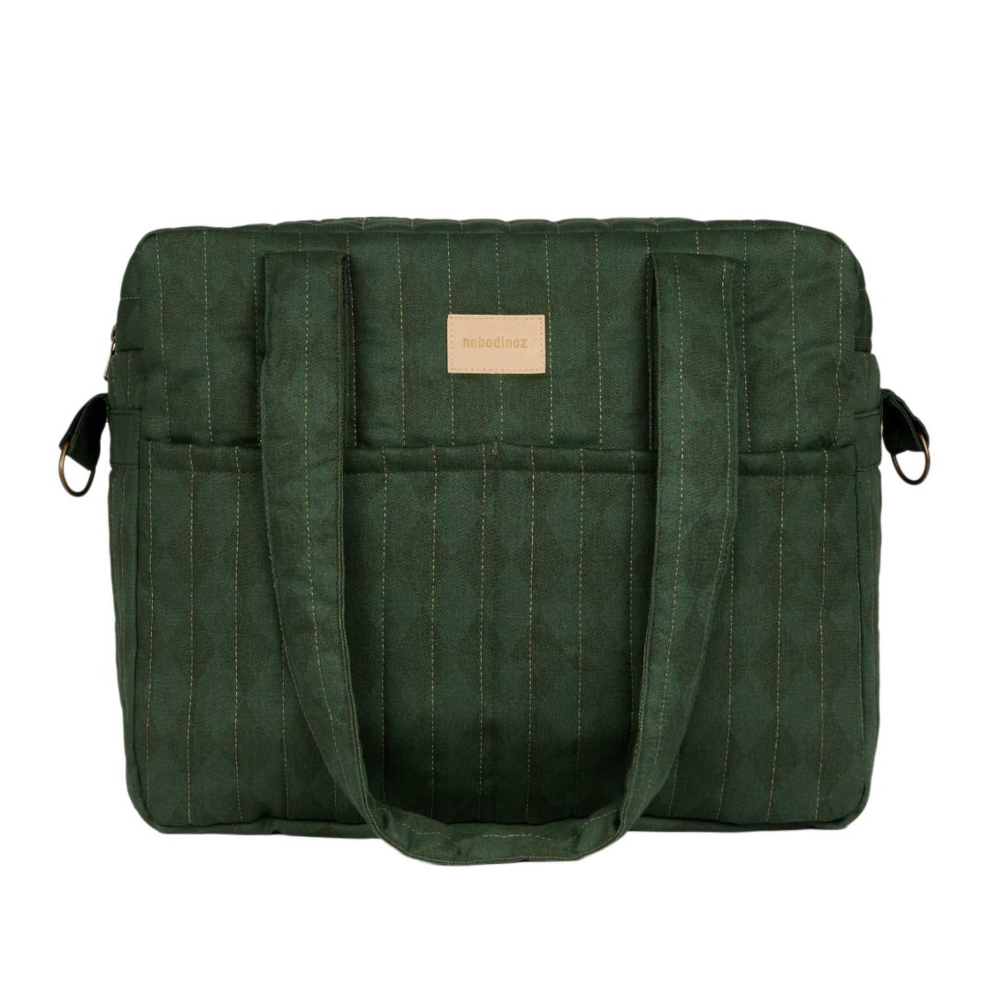 A dark green pinstriped tote bag with dual top handles, side pockets with black zipper pulls, and a small tan leather brand patch on the front, shown against a plain white background.