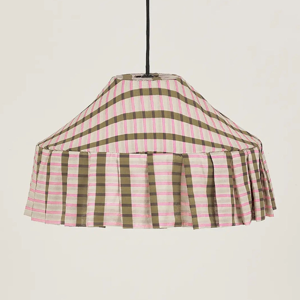 A pleated conical pendant lampshade with a pink and olive green striped pattern