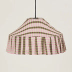 A pleated conical pendant lampshade with a pink and olive green striped pattern