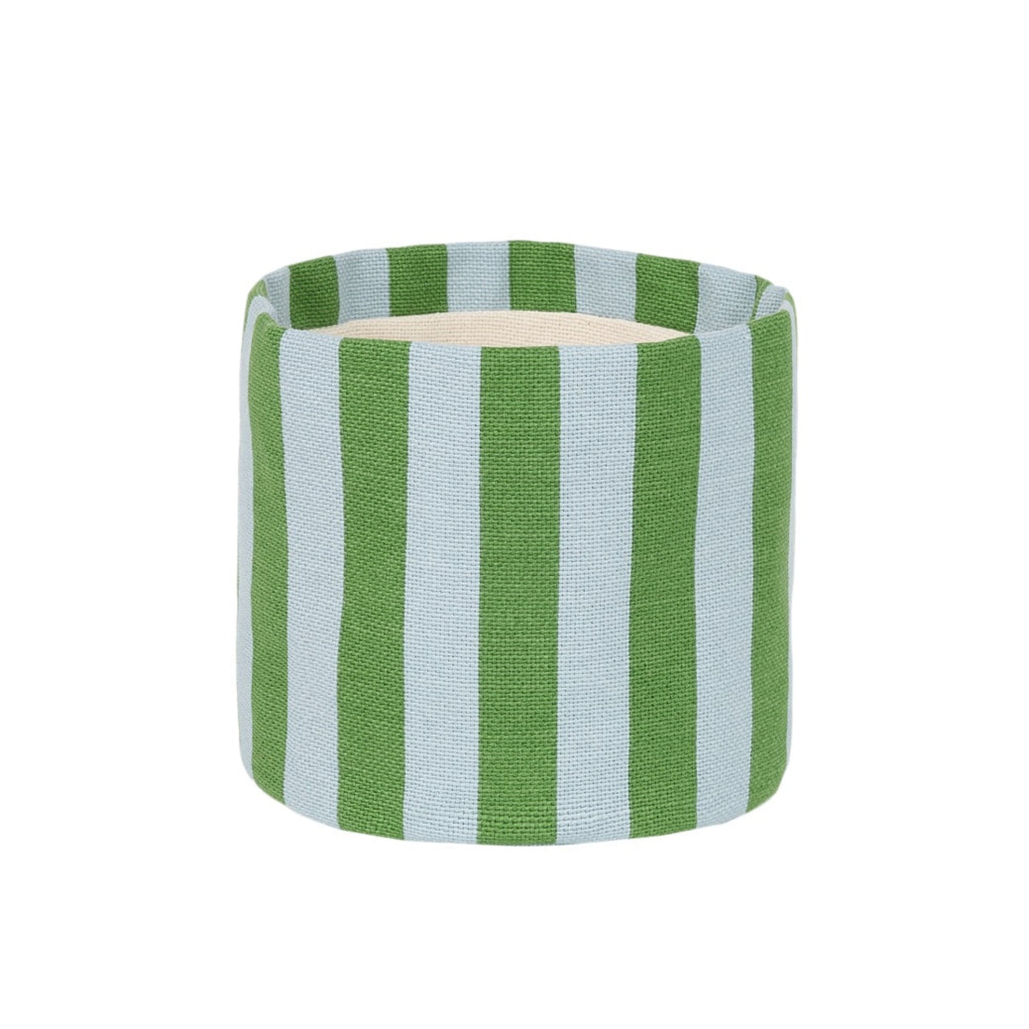 A cylindrical container or candle holder with a woven fabric cover featuring vertical stripes in green and light blue, with a light beige interior visible at the top, set against a plain white background.