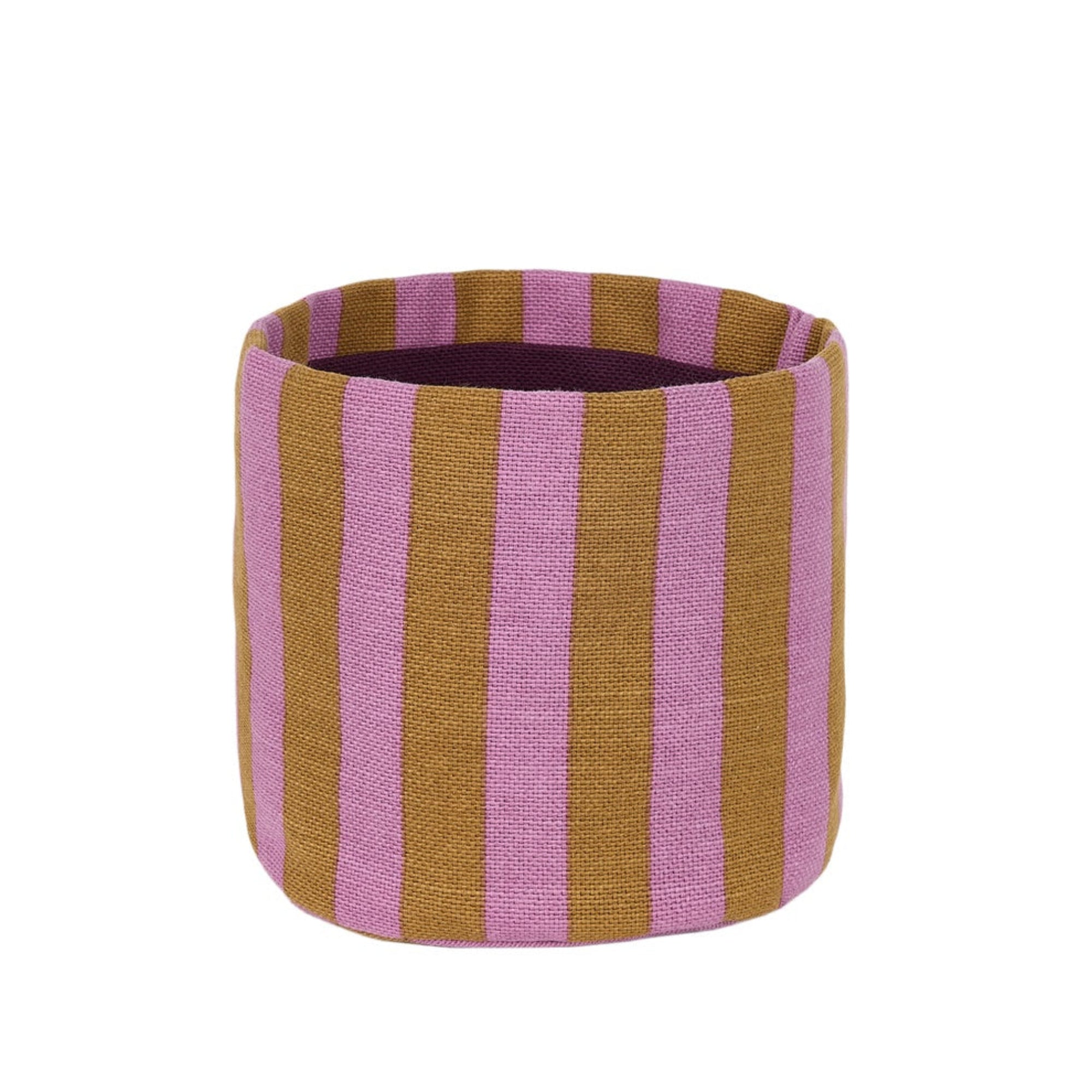 A cylindrical fabric storage basket with vertical stripes in dusty pink and mustard yellow, shown on a plain white background.