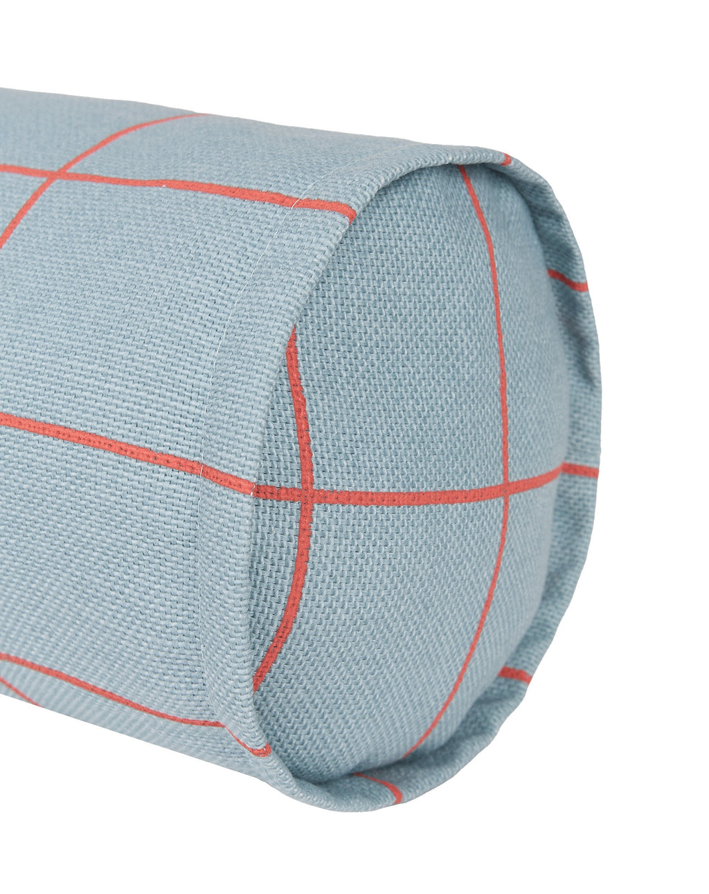 A close-up of a cylindrical cushion or pillow upholstered in a light blue-gray woven fabric with a thin red windowpane plaid pattern, shown on a plain white background.