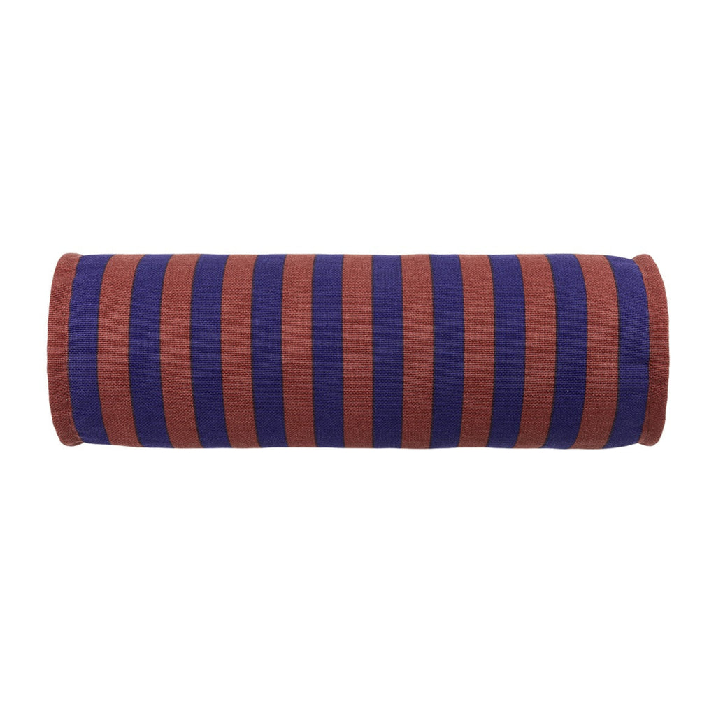 A cylindrical bolster pillow with alternating vertical stripes of deep blue and rust red, shown against a plain white background.