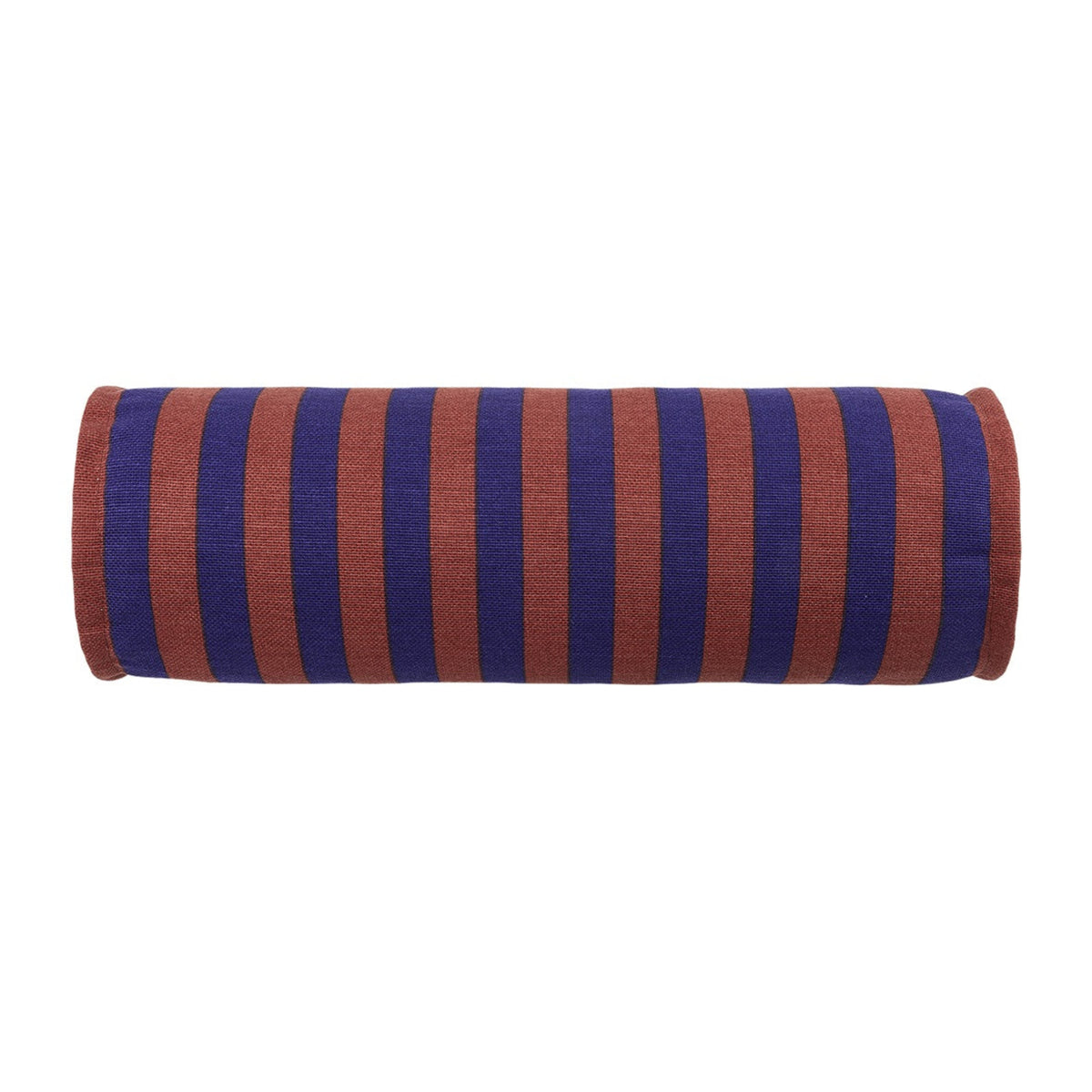 A cylindrical bolster pillow with alternating vertical stripes of deep blue and rust red, shown against a plain white background.