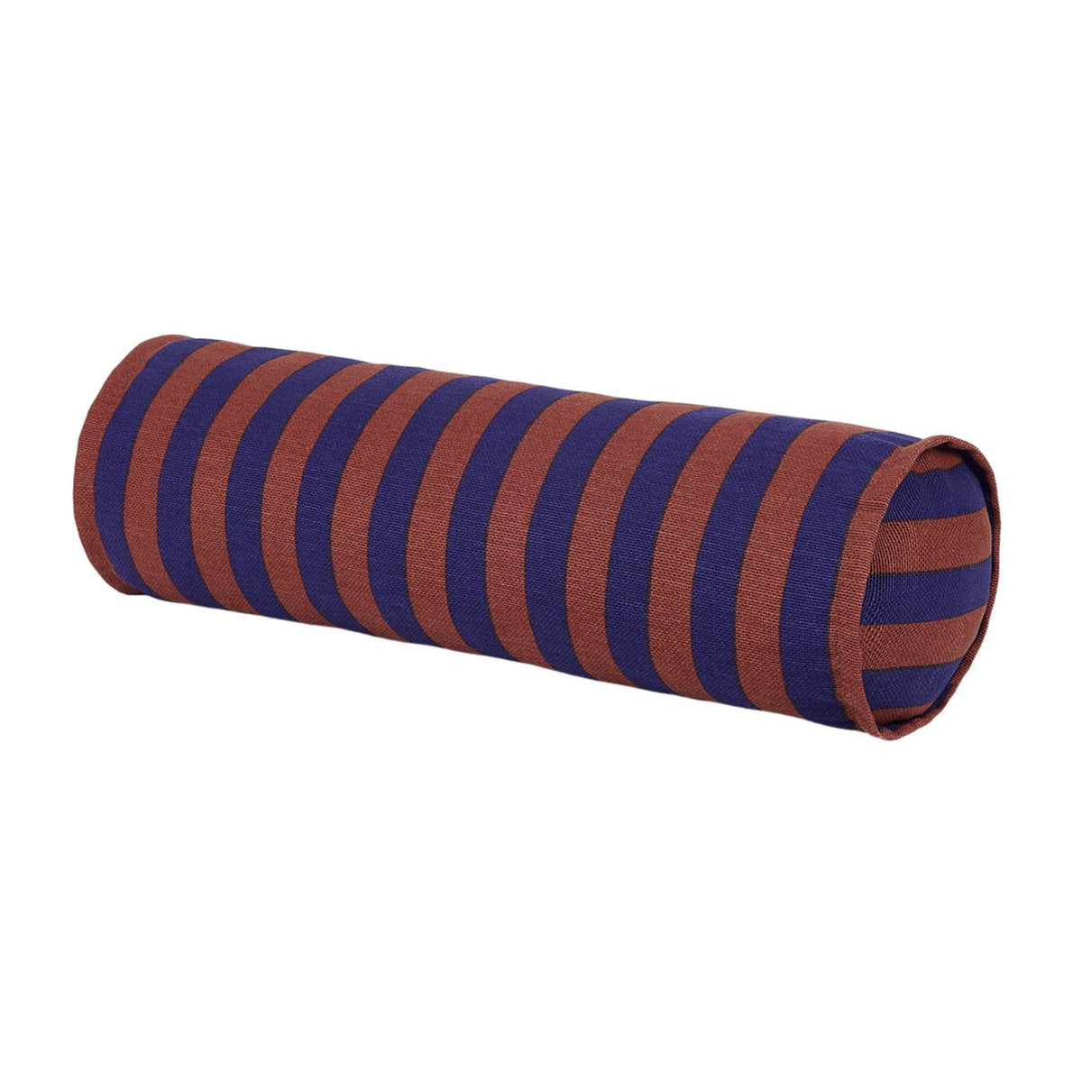 A cylindrical bolster pillow with alternating horizontal stripes of rust orange and dark navy blue, shown on a plain white background.